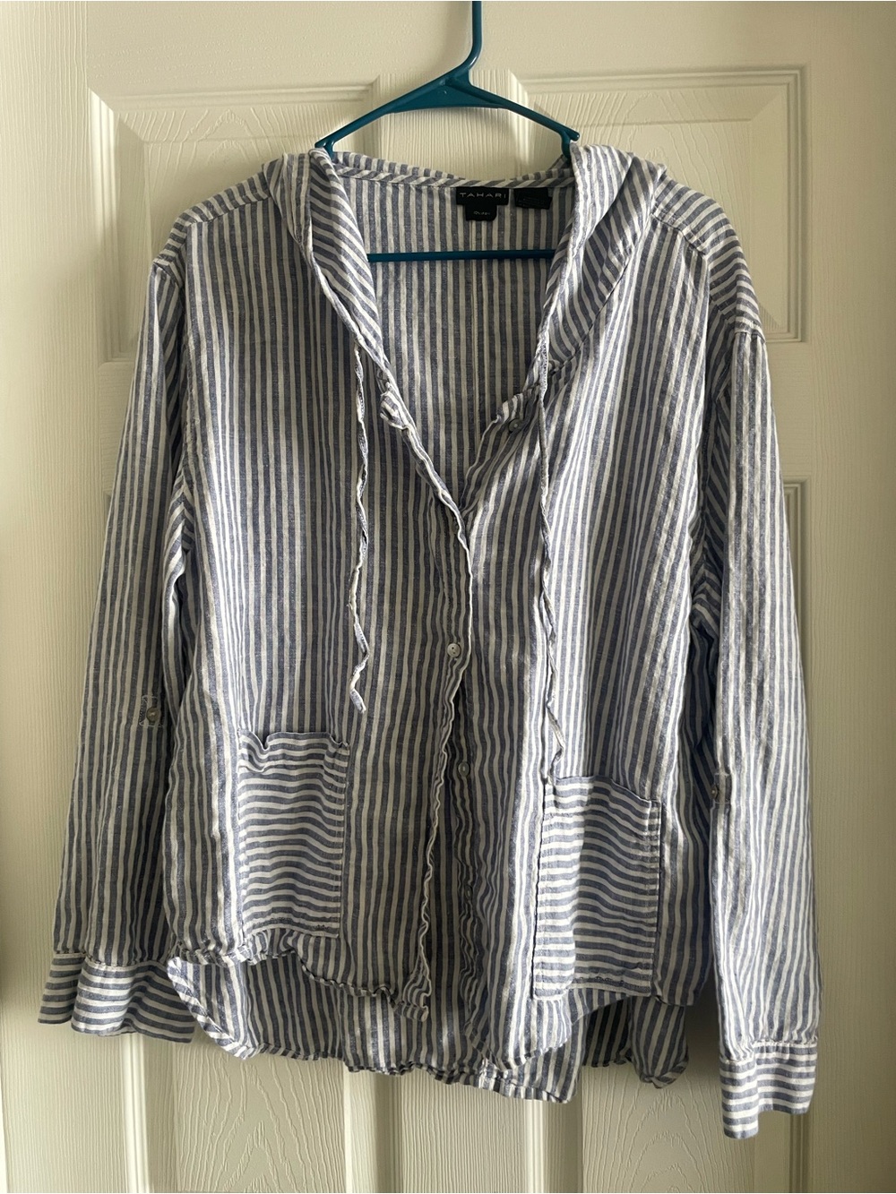 Tahari Blue & White Striped Hooded Jean Jacket